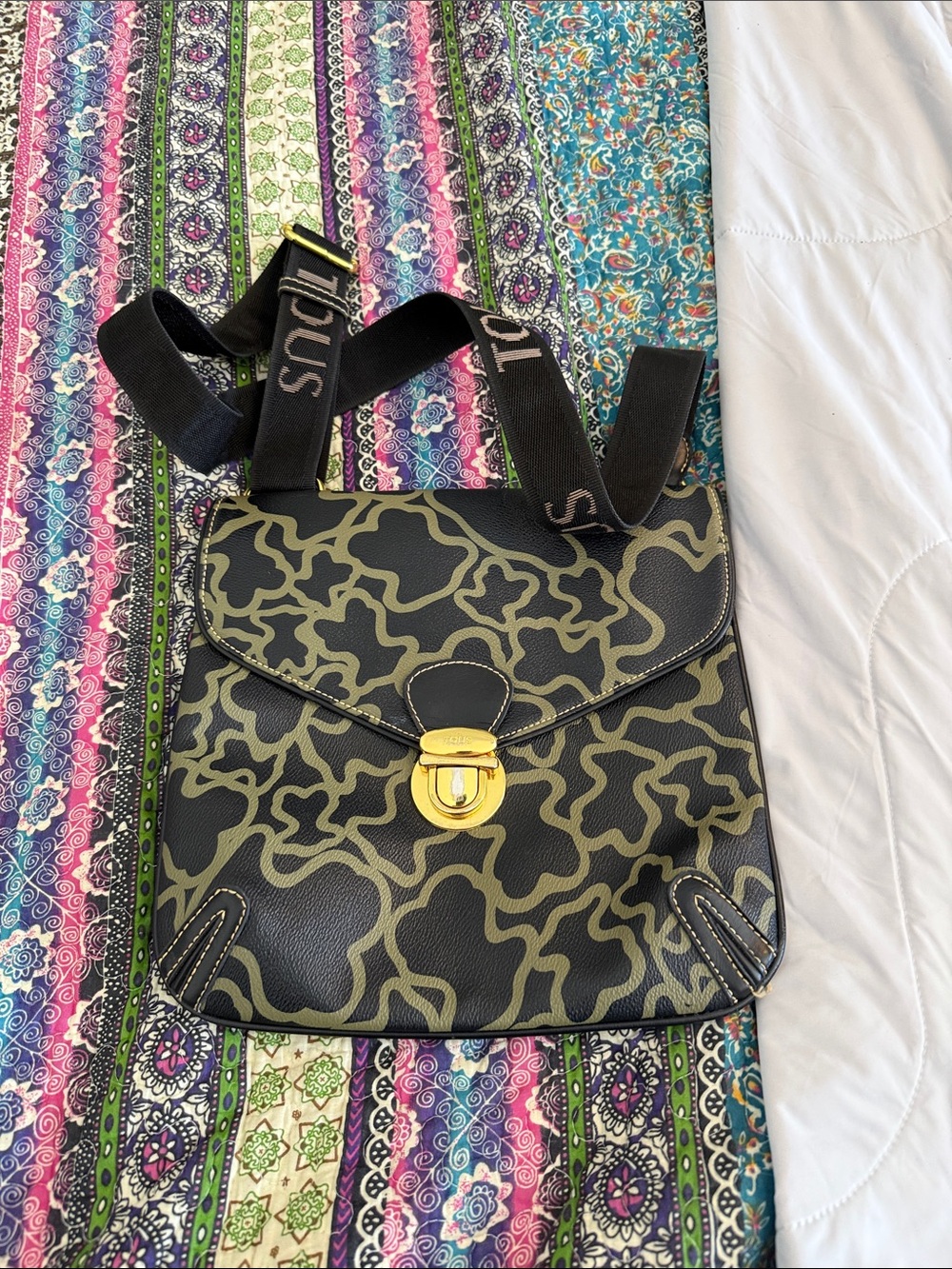 TOUS Black and Olive Leather Flap Crossbody with Gold Hardware